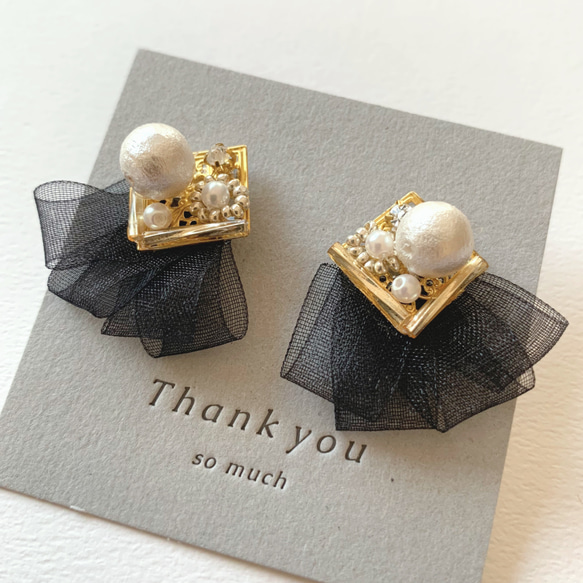 再販6【rie.t】ブラックオーガンジーリボン♡イヤリングorピアス