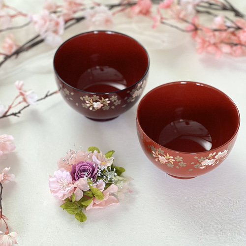 漆器 花模様の椀 木箱付き 漆器 花模様の椀 木箱付き