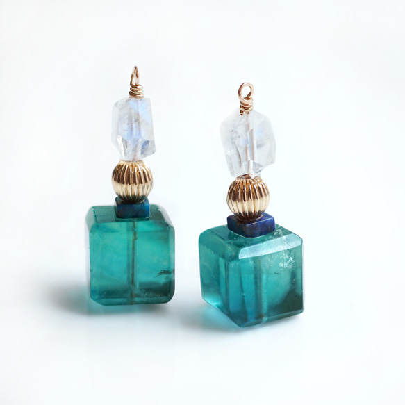 ブルーグリーンフローライトによる香水瓶風のピアス　～Perfume bottle 8枚目の画像