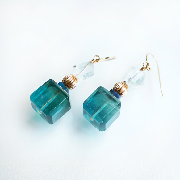 ブルーグリーンフローライトによる香水瓶風のピアス　～Perfume bottle 6枚目の画像