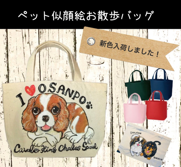 【送料無料】白・カラーSサイズ厚手キャンバスペット似顔絵うちのお散歩バッグ 1枚目の画像