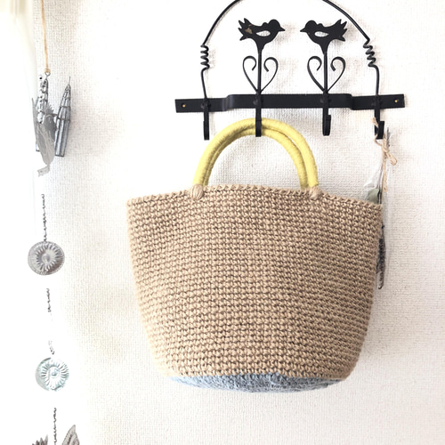 受注製作】再販28 麻ひも持ち手カラー（イエロー）のシンプルカゴ