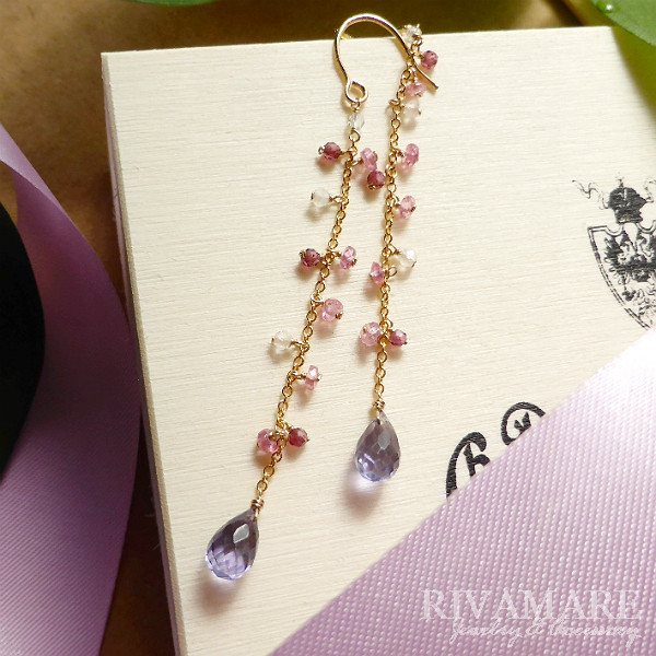 「萌える片恋のヴィオラ」アイオライト ロードライトガーネット ピンクトルマリン ローズクォーツ ピンクトパーズ ピアス