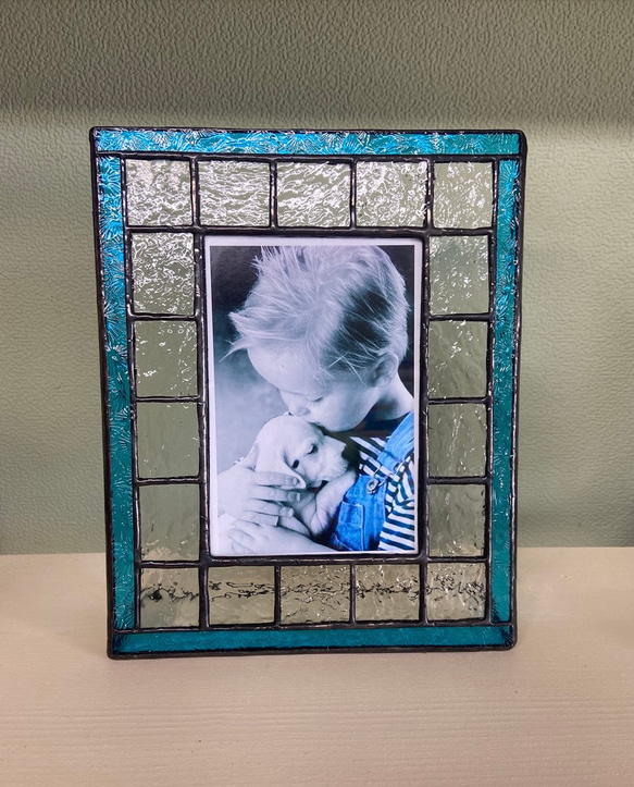 ビンテージ風ガラスを使ったフォトフレーム・ブルーラインの