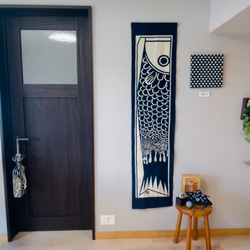 伝統工芸【子供の日モダンな藍染鯉のぼりタペストリー（両面染）】端午