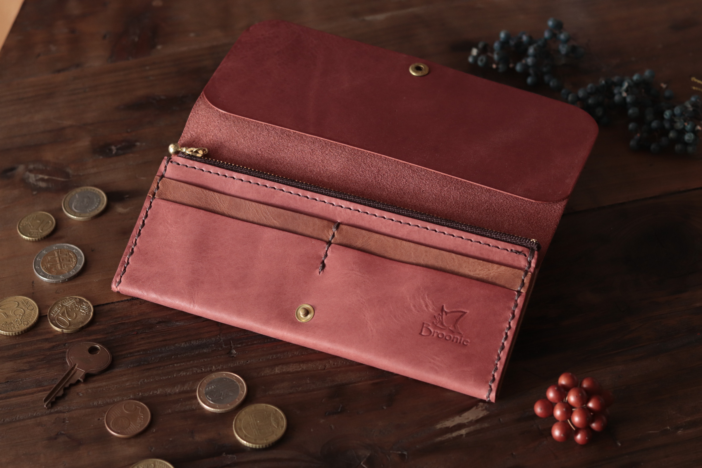 【現品販売･4月閉店】【ワインレッド×ブラウン】◎薄い◎シンプルスリムな長財布◎現物販売