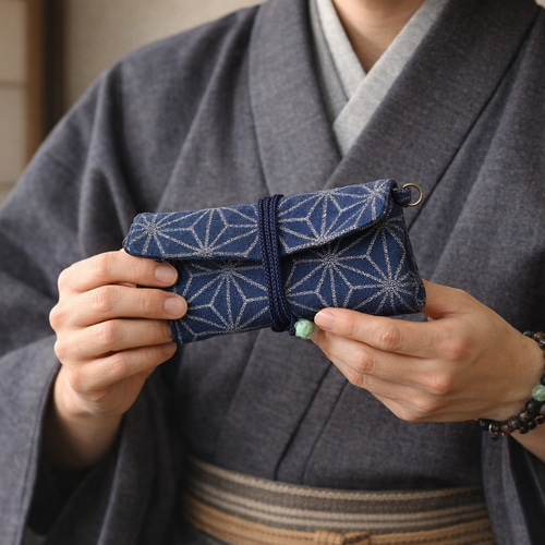 オーダー 金彩工芸 麻の葉 銀仕上げ デニム地製 「道中財布」 長財布