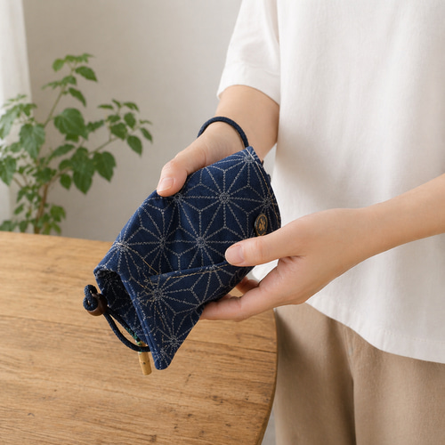 オーダー 金彩工芸 麻の葉 銀仕上げ デニム地製 「道中財布」 長財布