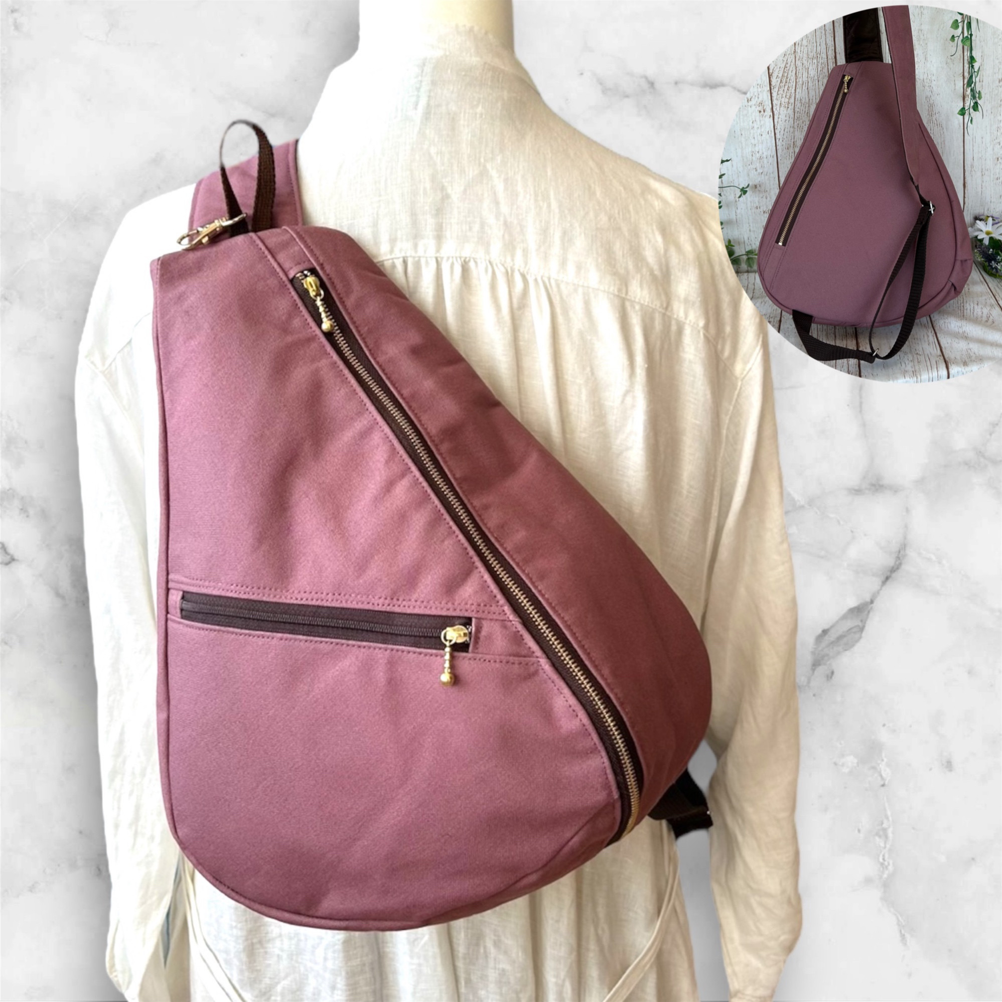 左ききさん用　背面ファスナーポケット付き　しずく型　ワンショルダーバック　長さ調節可能　帆布スモーキーパープル