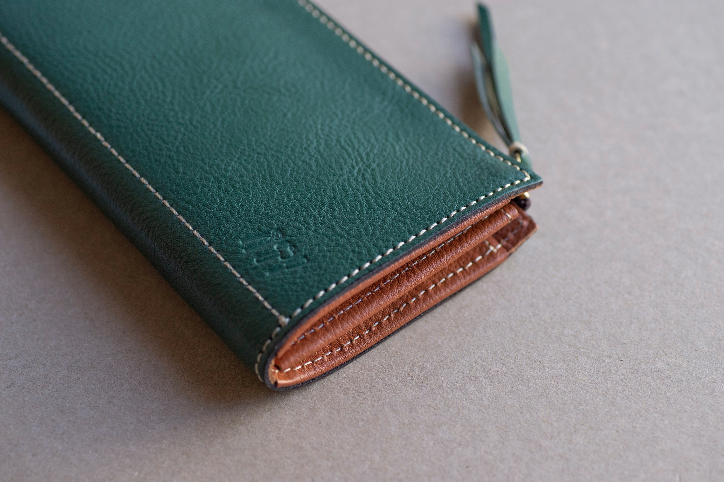 本革　L字ファスナー長財布　レディース　グリーン　キャッシュレス　春財布　グロスシュリンクレザー　aw-05ns