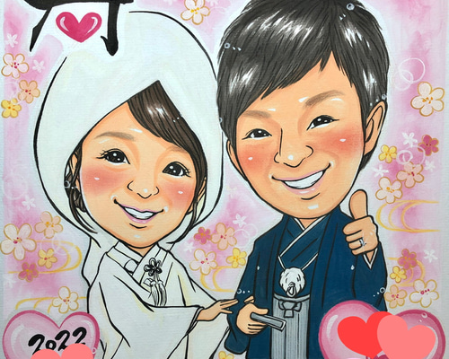 似顔絵 結婚 ウェルカムボードA3 2名様絵（服、背景等上限5つ