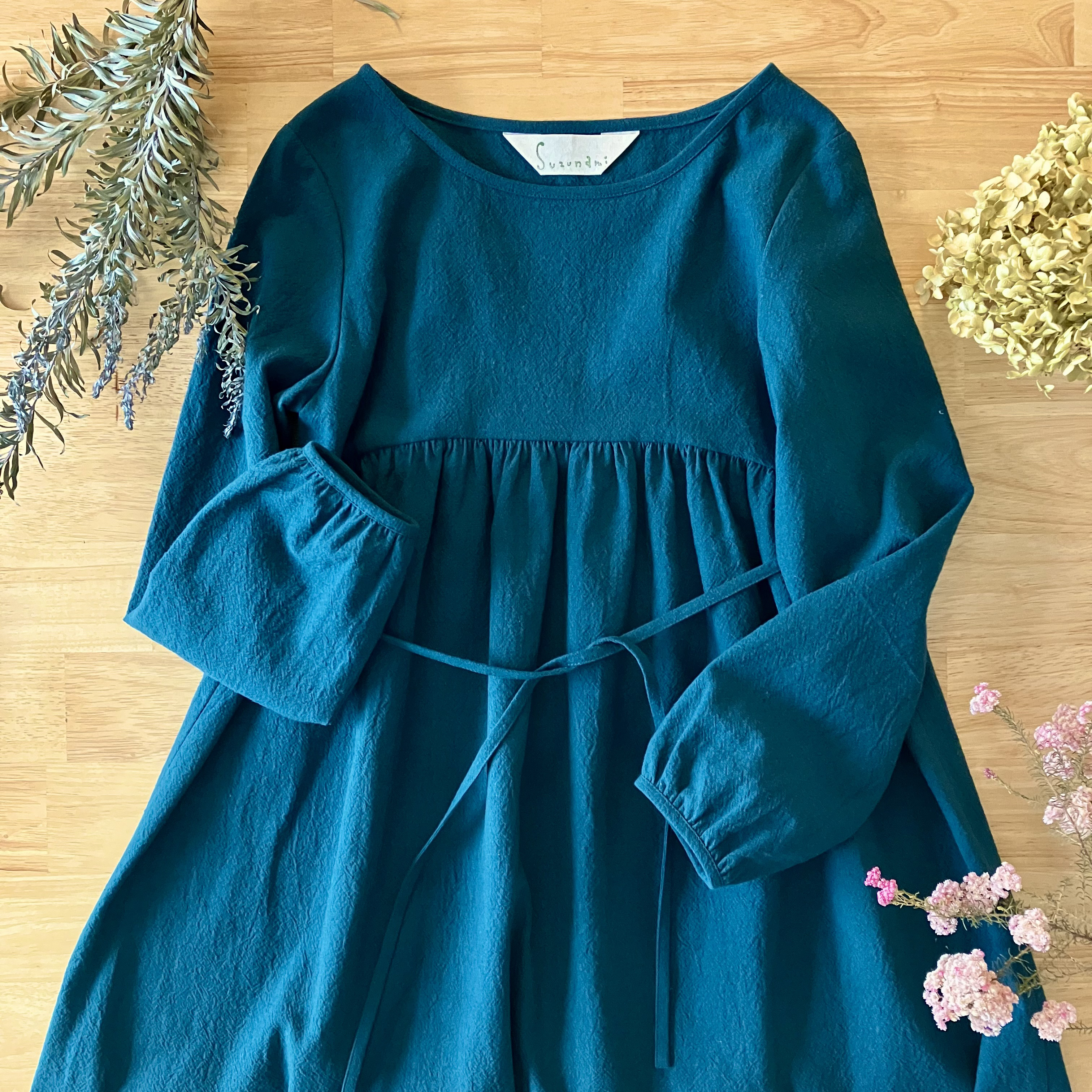 【15色】ふんわりギャザーワンピース 【S,M,L,LL】コットンリネン［七分袖・長袖］秋冬春