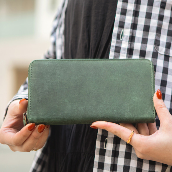 真皮錢包，圓形拉鍊，大容量，綠色，HAW001，啞光牛皮，越用越有味道，成為您生活的一部分。 第2張的照片
