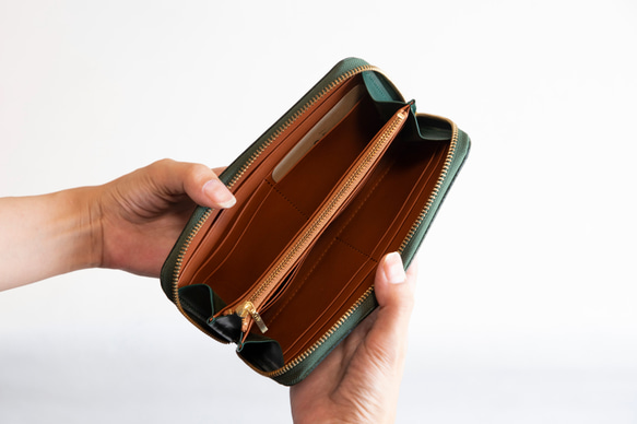 本革　ラウンドファスナー　長財布　レディース　メンズ　グリーン　ヌメ革　アラバスタレザー　春財布　aw-15hn 6枚目の画像