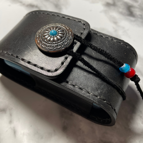 ヌメ革 ブラック ターコイズコンチョB アイコスケース シガレット