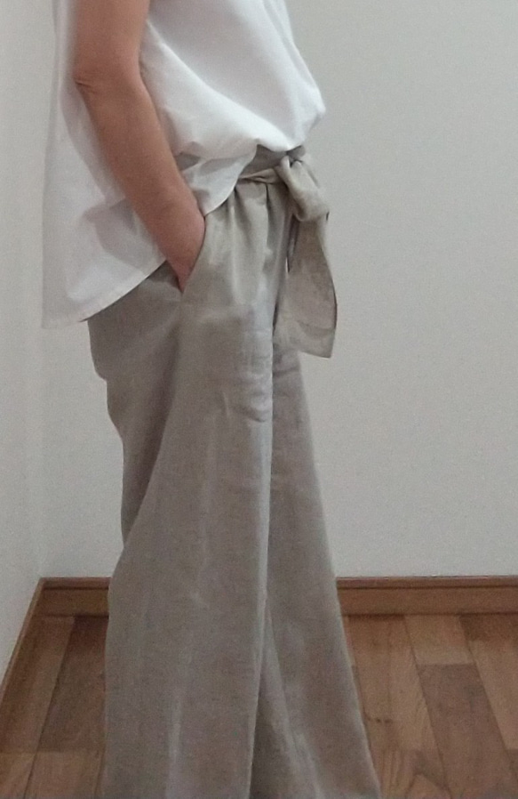 ♪さらっと軽いlinen pants♪ウエストゴムのリボンが可愛い麻のパンツ　ウエストのリボンベルトをベージュに変更可能 7枚目の画像