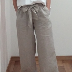 ♪さらっと軽いlinen pants♪ウエストゴムのリボンが可愛い麻のパンツ　ウエストのリボンベルトをベージュに変更可能 6枚目の画像