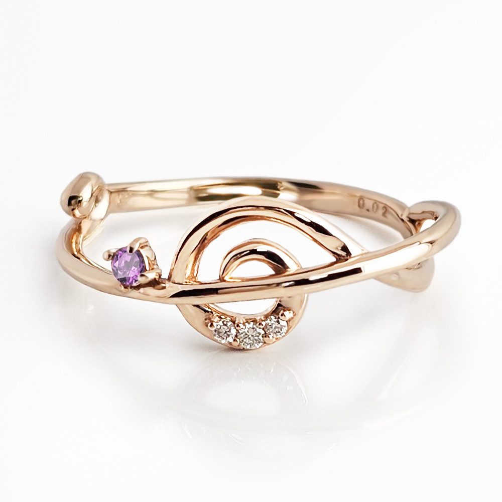 ト音記号 音符 モチーフ 2月 誕生石 アメジスト & ダイヤモンド ピンクゴールド ミュージック リング 受注制作