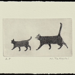 お散歩・二匹の猫/ 銅版画 (額あり） 4枚目の画像