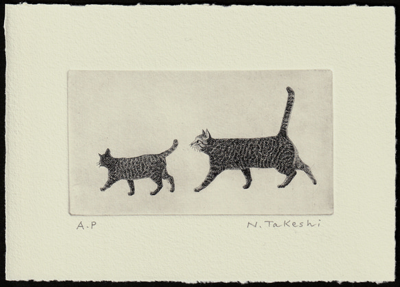 お散歩・二匹の猫/ 銅版画 (額あり） 4枚目の画像