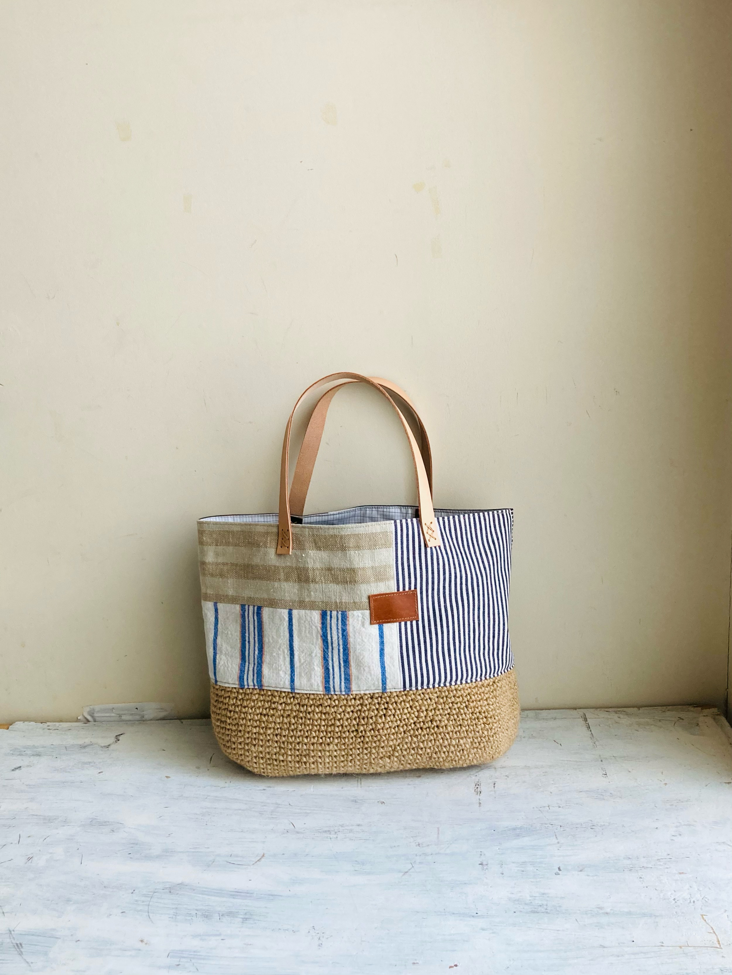 麻編みとリネンのコンビバッグ 底楕円　【Creema限定】