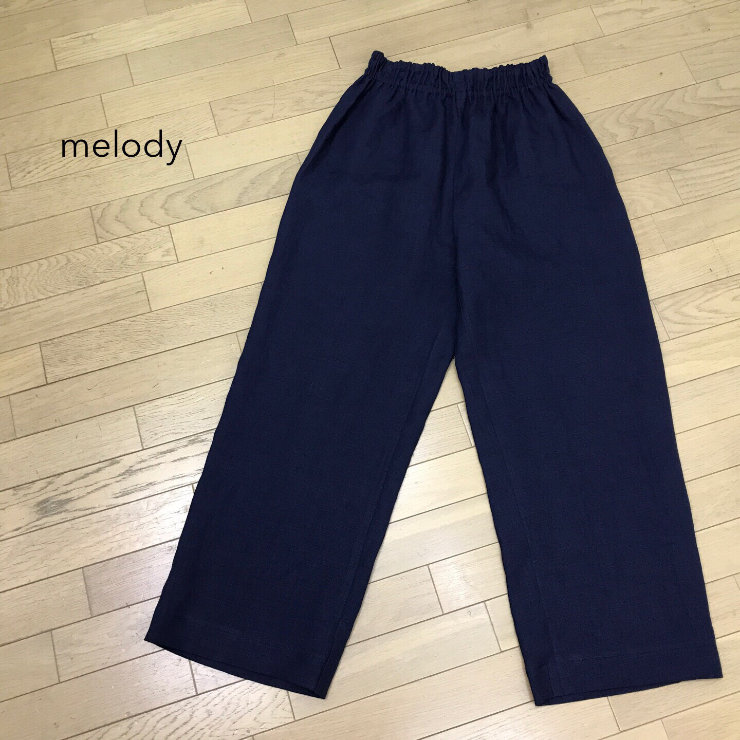 リネン ウエストゴム ワイドパンツ 【紺色】