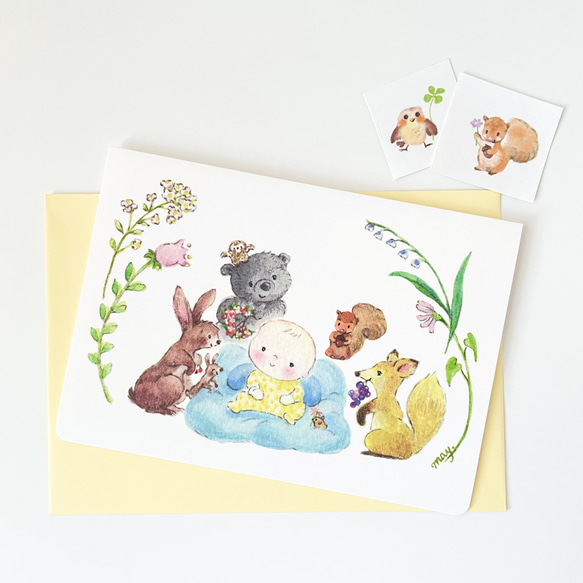 こんにちは赤ちゃんカード 出産祝いベビーギフト 出産の報告 内祝いにひとこと添えて。　封筒とセット 1枚目の画像