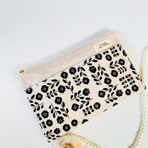 ＊綿麻＊花柄＊フラットポーチ＊通帳入れ＊お薬手帳入れ＊20センチファスナー 2枚目の画像