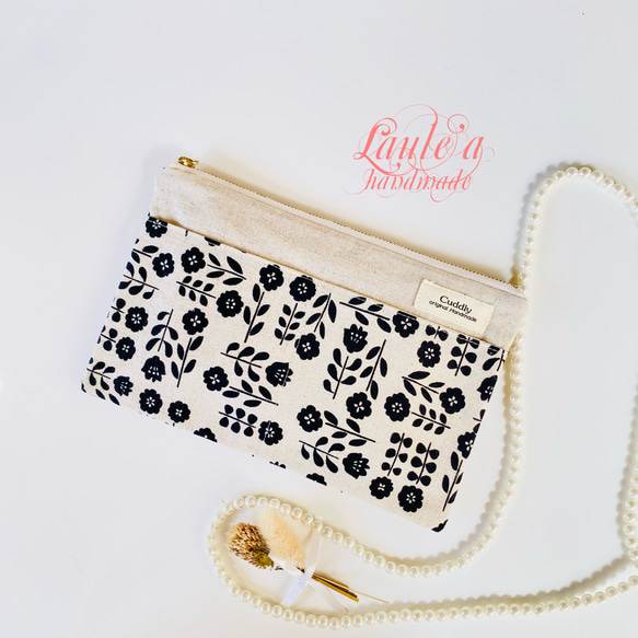 ＊綿麻＊花柄＊フラットポーチ＊通帳入れ＊お薬手帳入れ＊20センチファスナー 1枚目の画像