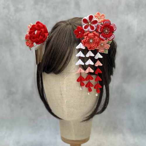再々販 つまみ細工 髪飾り 簪セット 赤 七五三 卒業式 成人式 つまみ細工髪飾りset 赤×コーラルピンク 紅白 *七五三 *成人式
