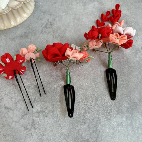 つまみ細工 七五三かんざしセット（3歳さん向け）赤 コーラル