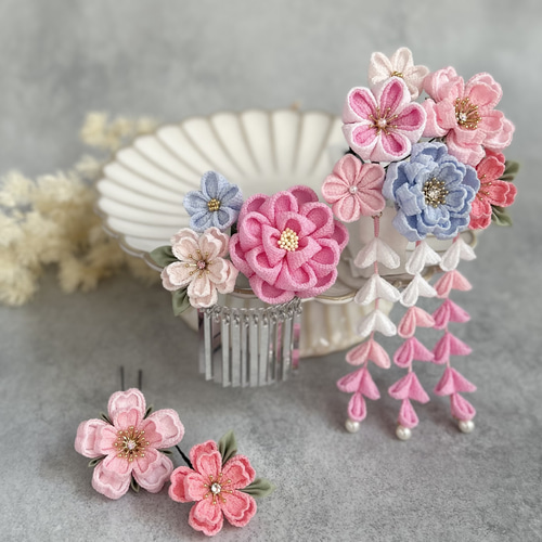 つまみ細工 七五三かんざしセット（3歳さん向け）ピンク ブルー 桜 椿