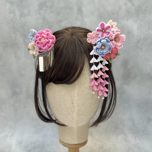 つまみ細工 七五三かんざしセット（3歳さん向け）ピンク ブルー 桜 椿