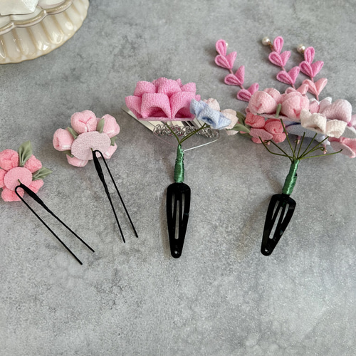 つまみ細工 七五三かんざしセット（3歳さん向け）ピンク ブルー 桜 椿