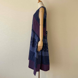 手織り綿で仕立てたギザギザ裾のワンピース コットン100% フリーサイズ ブルー系 5枚目の画像