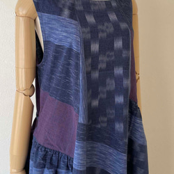 手織り綿で仕立てたギザギザ裾のワンピース コットン100% フリーサイズ ブルー系 10枚目の画像