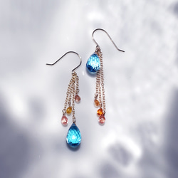 14KGF 藍色托帕石和橙色藍寶石不對稱吊燈耳環 ~Irene 第1張的照片