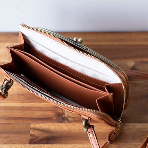 1月末頃のお届け がま口お財布ショルダー キャメル スマホショルダー