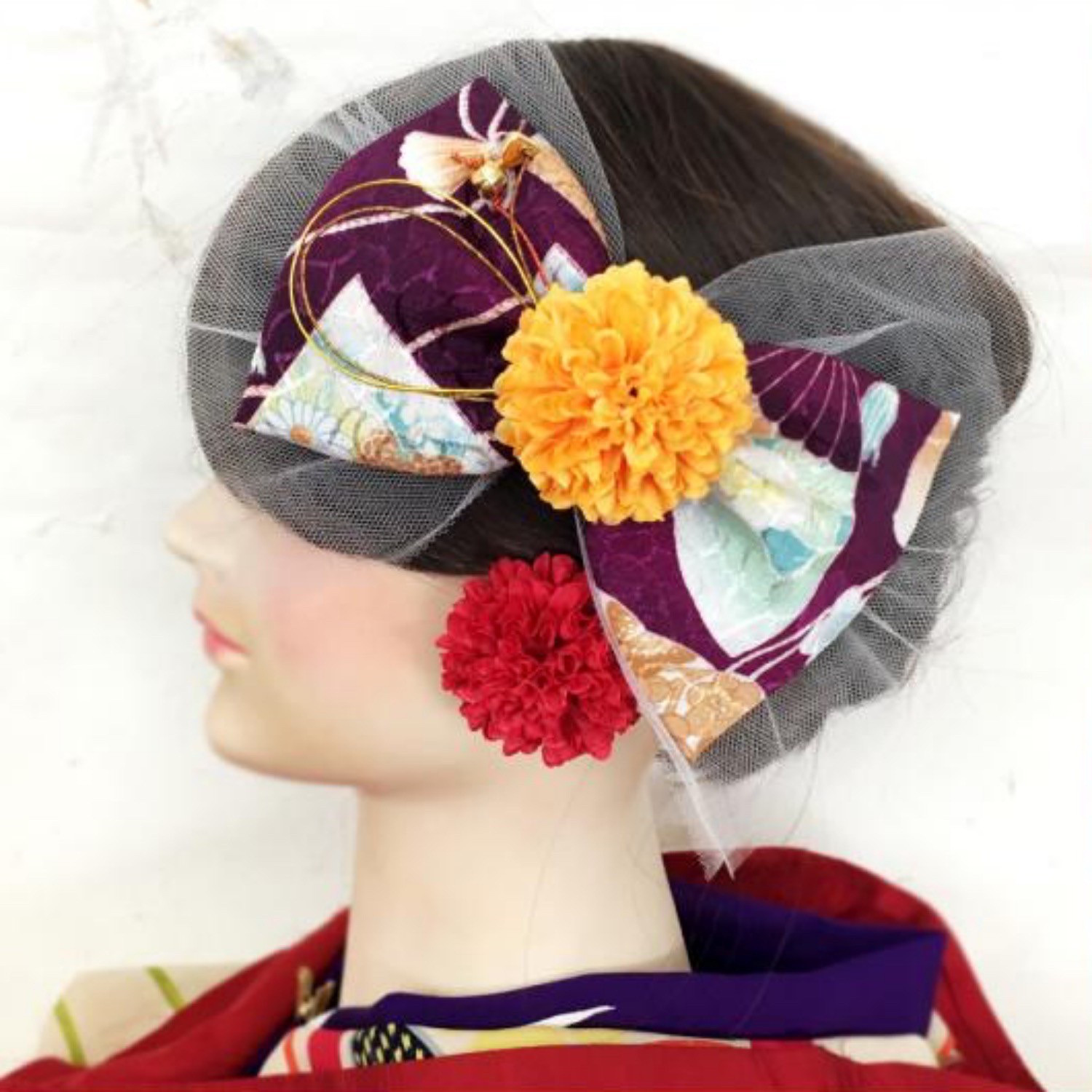 【送料無料】成人式　卒業式　髪飾り　リボン　花　紫　大正ロマン　ふわりひらり大人のチュールリボン　ハイカラモダン