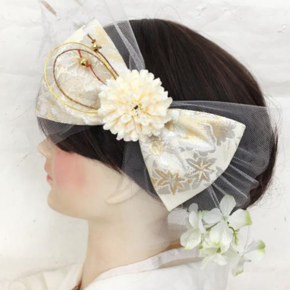 和装　成人式　結婚式　大正ロマン　ふわりひらり大人のチュールリボン　はんなり小径 送料無料】成人式 結婚式 髪飾り リボン 白 大正ロマン ふわり