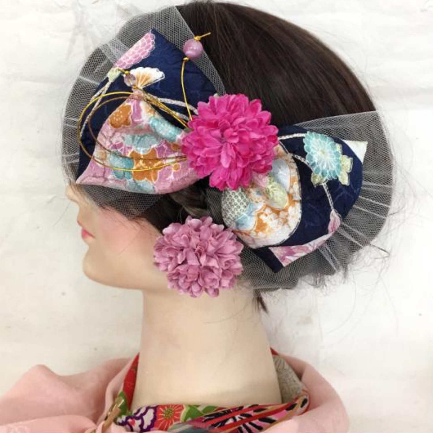 【送料無料】成人式　卒業式　髪飾り　リボン　花　ピンク　大正ロマン　ふわりひらり大人のチュールリボン　はんなり小径