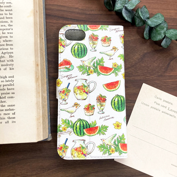 Watermelon手帳型スマホケース（iPhone/Android全機種対応）スイカ/フルーツ/夏/鳥 2枚目の画像