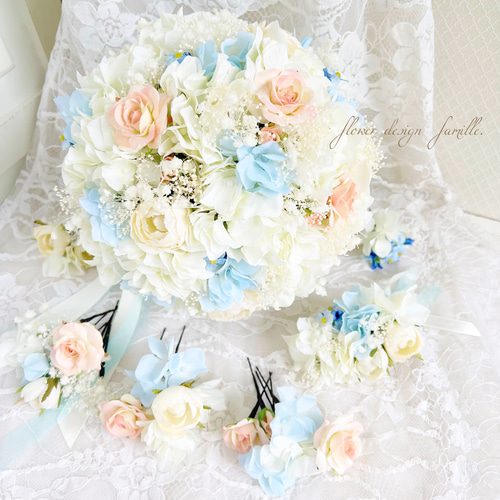 2点セット】ホワイトブーケ、ブートニア ウエディング カスミソウ、バラ