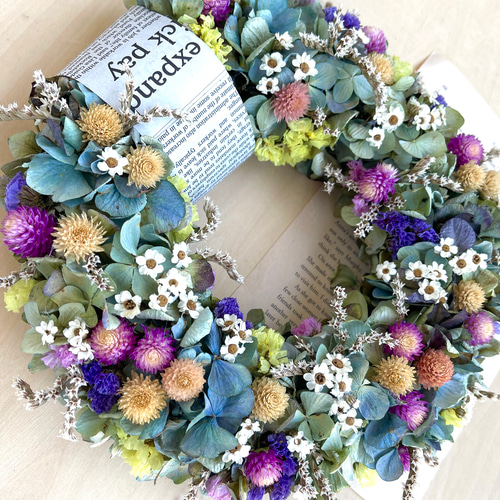 再販、受注制作、紫陽花と千日紅のリース リース SOPO-Kukka 通販