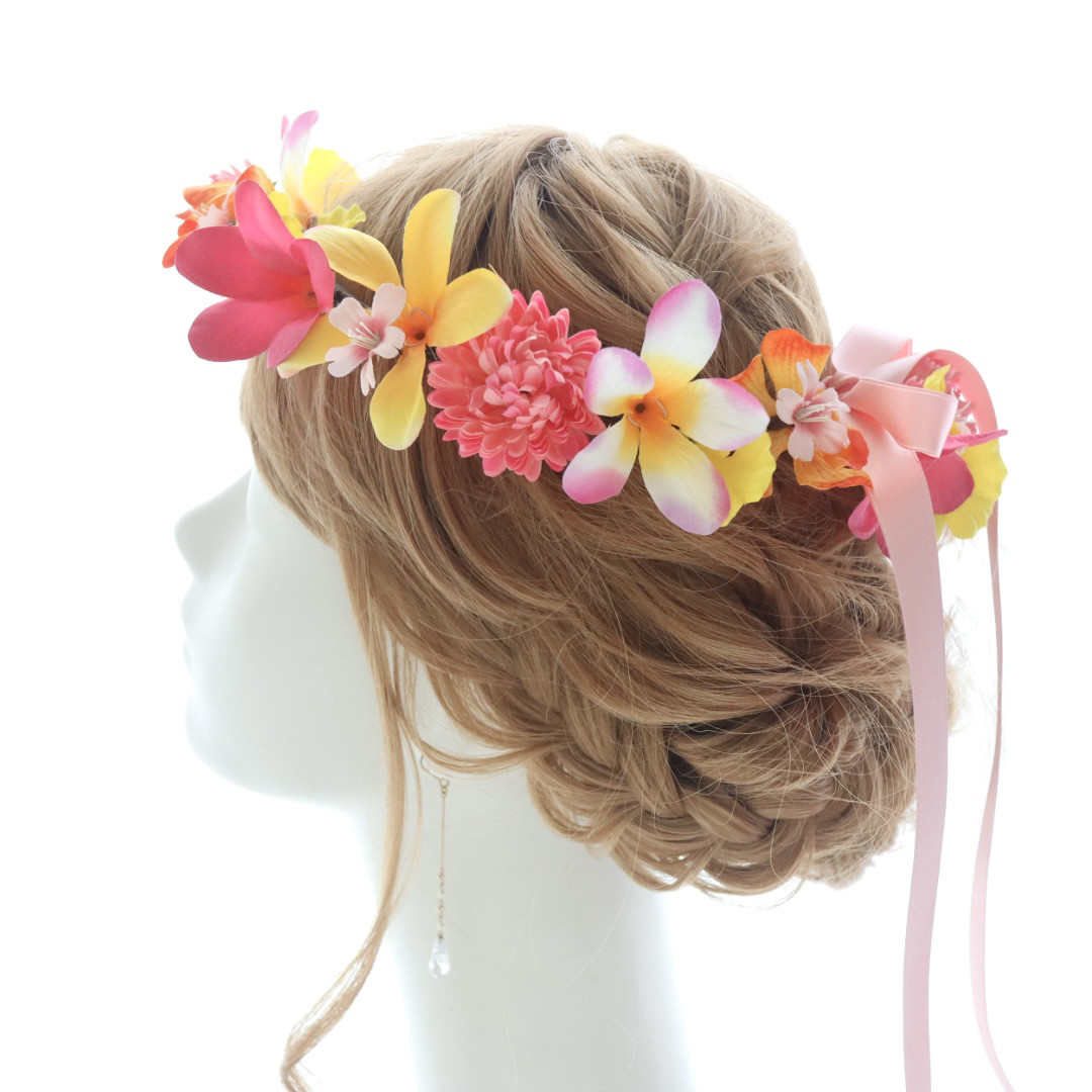 花冠　プルメリア　カラフル　ピンク　黄色　オレンジ　トロピカル　カラフル　花かんむり　結婚式　ウェディング　ブライダル