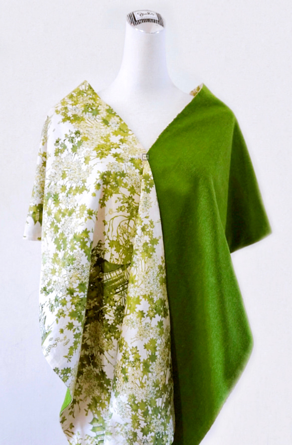 スカーフNo. 124 *灑金*設計師純手作溫暖綠色毛料古典楓葉swarovski水鑽圍巾 披肩 第8張的照片