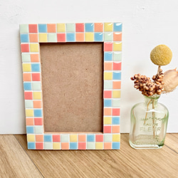 フォトフレーム カラフル 木製壁掛け対応写真立て 美濃焼モザイク