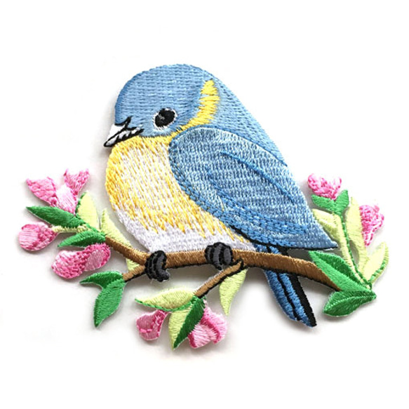 アップリケワッペン イースタンブルーバードとピンクの花 W-1091 青い鳥 野鳥 ことり ルリツグミ 瑠璃鶫 1枚目の画像