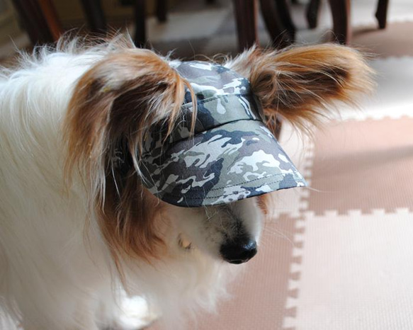 犬の帽子＊カモフラ グレーcotton（黒ゴム）＊Mサイズ＝4㎏前後の小型犬用 1枚目の画像