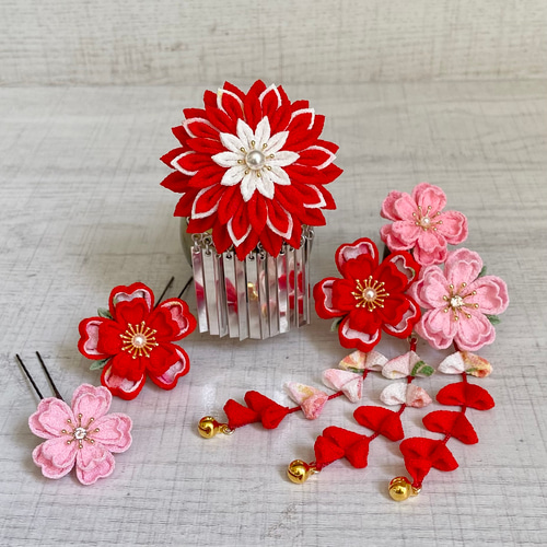 つまみ細工髪飾り 七五三のかんざしセット *パッチンピン*赤*朱色*桜